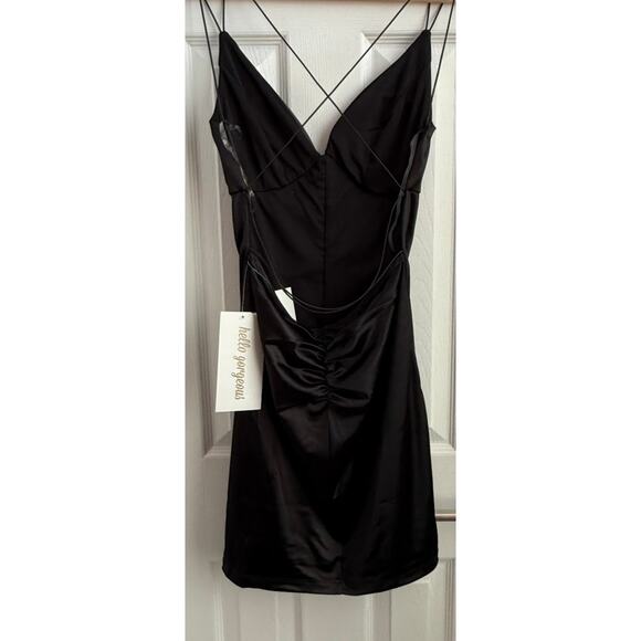 Emerald Sundae Black Ruched Satin Size M -Mini Dress Criss-Cross Back NWT - Picture 6 of 11